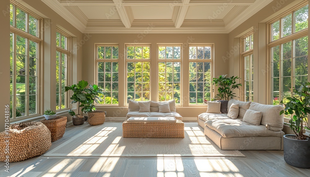 Fototapeta premium Scandinavian-designed open window sunroom, clean beige tones.