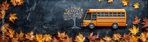 A backtoschool scene with a school bus and a pencil tree sketch, surrounded by dry autumn leaves on a blackboard background photo