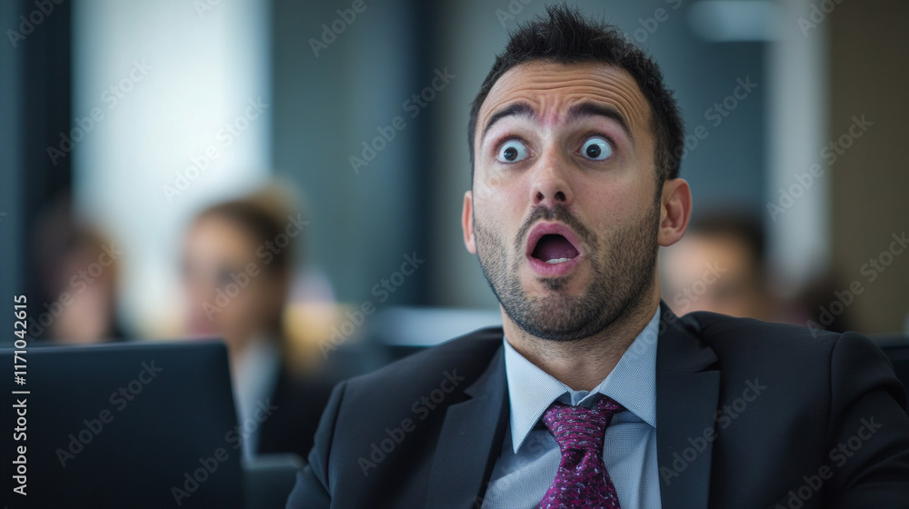 Fototapeta premium Astonished executive reacting to unexpected news in minimalist office.