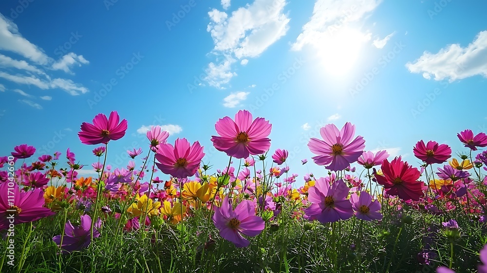 Lush field of vibrant colorful flowers swaying gently in the warm breeze under a vast tranquil blue sky on a sunny summer day Lush field of vibrant colorful flowers swaying gently in the warm breeze under a vast tranquil blue sky on a sunny summer day