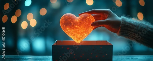 A beautiful heart being placed into a donation box, with a soft glow and vibrant energy, illustrating the impact of heart donations photo