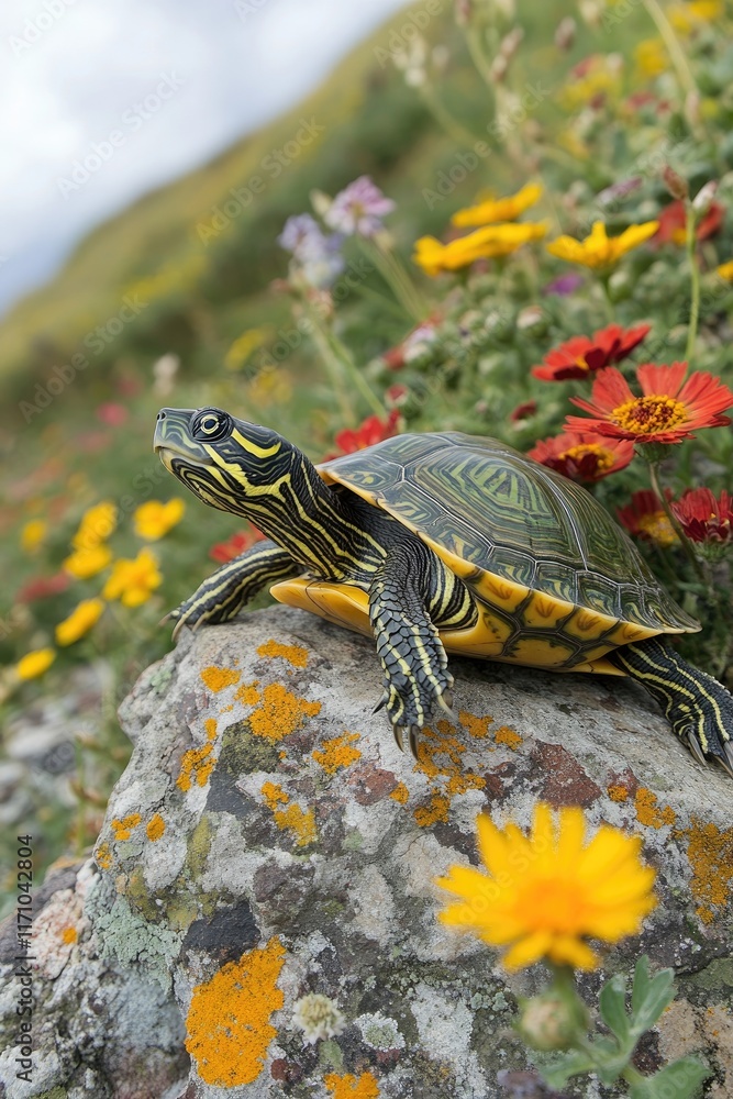 A turtle resting on a rock amidst vibrant flowers in a natural setting. A turtle resting on a rock amidst vibrant flowers in a natural setting.
