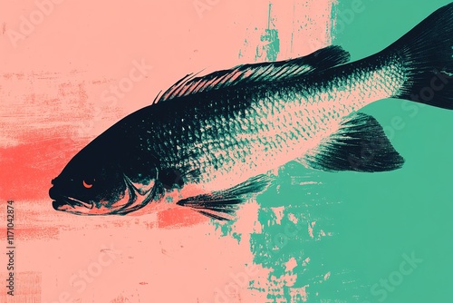 Bold fish design featuring vibrant colors and abstract backgroun