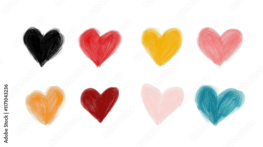 Set of hand drawn pencil colorful heart isolated on transparent background, Valentines day love romantic decoration Set of hand drawn pencil colorful heart isolated on transparent background, Valentines day love romantic decoration