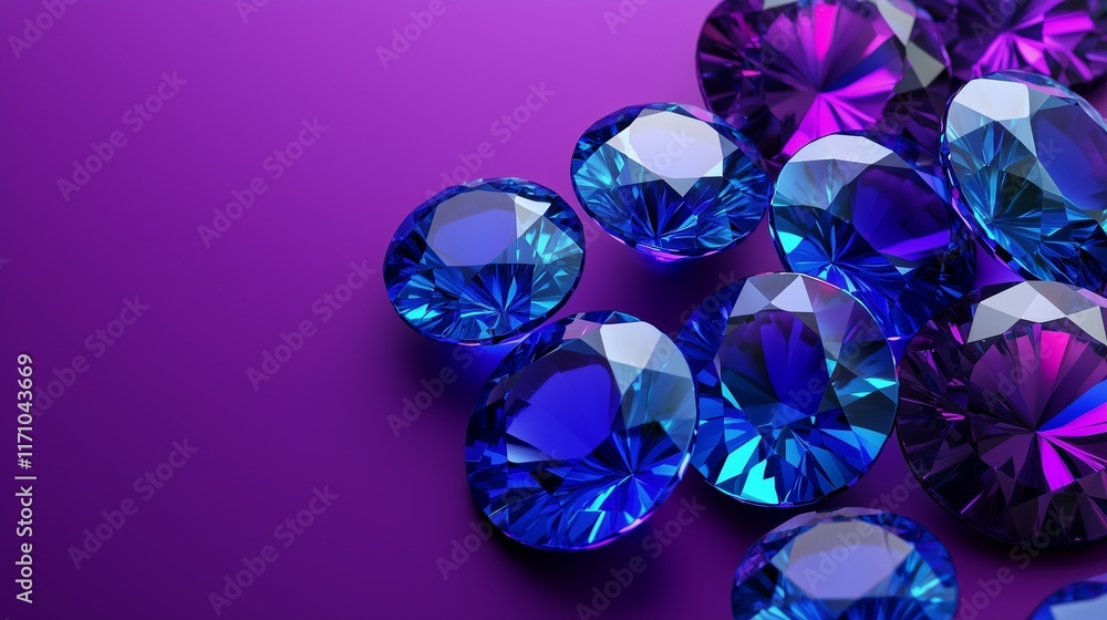 Radiant sapphire blue and amethyst purple jewel tones arranged in a 3D rendering on a rich purple background. The high contrast and centered negative space emphasize the colors' vividness. Radiant sapphire blue and amethyst purple jewel tones arranged in a 3D rendering on a rich purple background. The high contrast and centered negative space emphasize the colors' vividness.