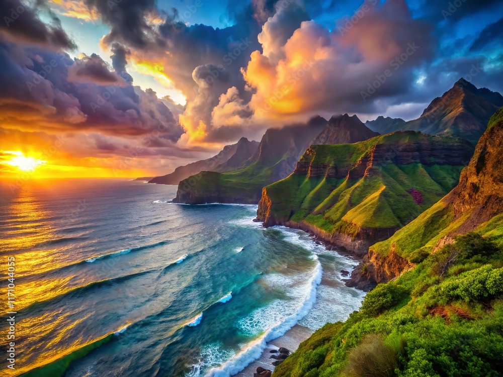 Naklejka premium Na Pali Coast Sunset: Dramatic Cliffs & Pacific Ocean at Blue Hour