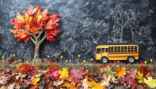 A creative backtoschool scene with a pencil tree sketch, dry autumn leaves, and a school bus, all drawn on a blackboard background photo