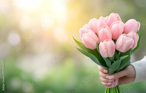 A beautiful bouquet of pink and purple tulips in hand photo