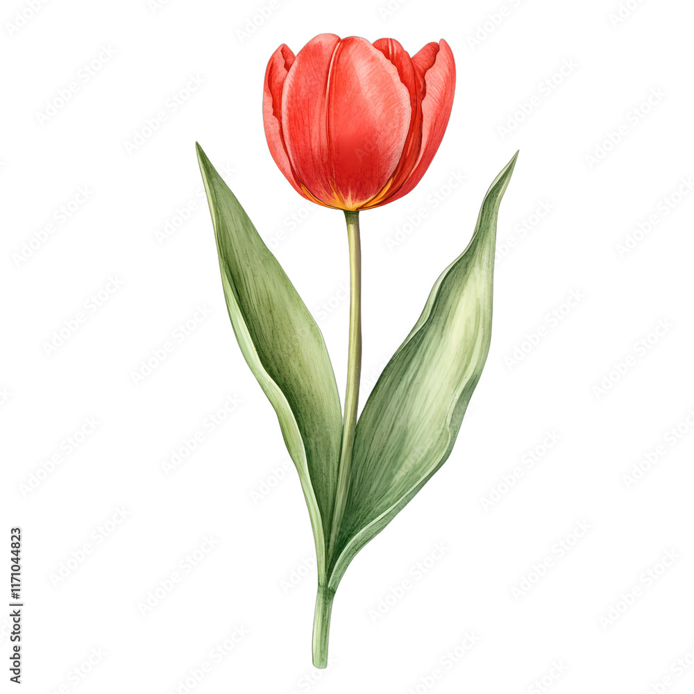 Red tulip with green leaves is the main focus of the image Red tulip with green leaves is the main focus of the image