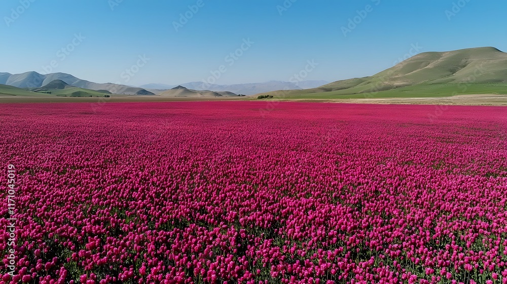 Obraz premium A vast vibrant expanse of colorful blooms stretches out beneath a crystal clear blue sky framed by rolling green hills in this stunning serene landscape