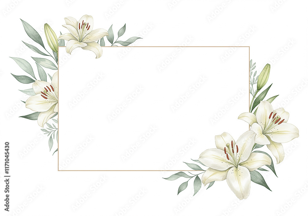 Obraz premium Elegant White Lily Floral Frame Wedding Invitation Greeting Card Design