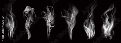 Set of realistic transparent fire smoke pattern, winter fog or mist effect, hot food, drink or water steam, nature sky cloud, weather element and explosion wave. Cigarette or chimney smoke symbol art.