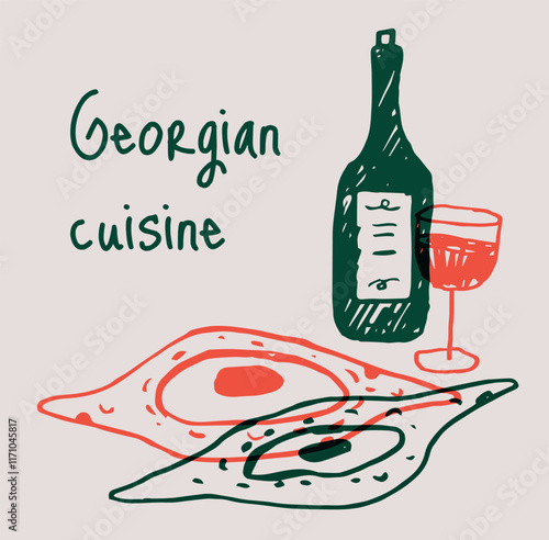Georgian cuisine with wine bottle and glass, two Khachapuri pieces. Hand drawn traditional food sketch. Use for invitations, menus, posters, flyers. Flat vector illustration.