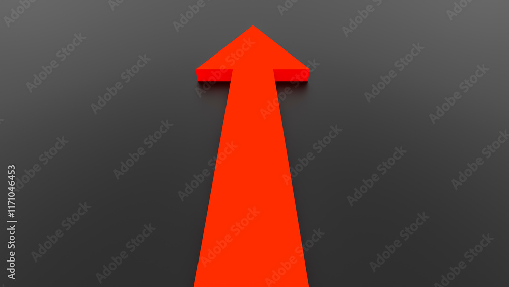 Red arrow seen from behind on black background. Concept: Symbols, direction, length, distance. Red arrow seen from behind on black background. Concept: Symbols, direction, length, distance.