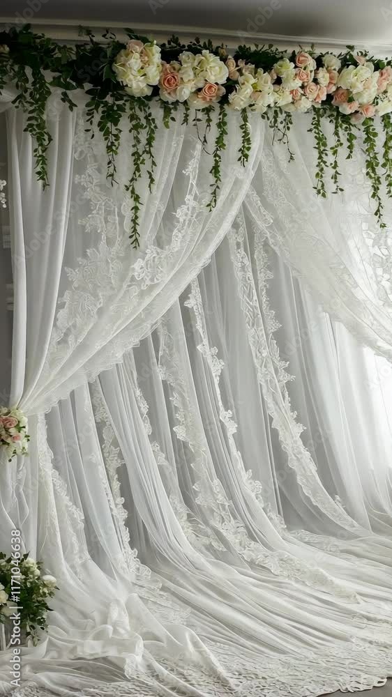 Elegant white lace drapes and floral decorations create a romantic atmosphere for an indoor event