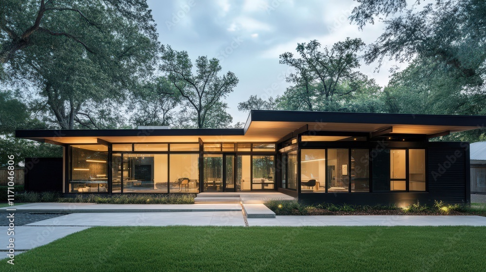 Modern House Design Illuminated at Dusk Surrounded by Trees Modern House Design Illuminated at Dusk Surrounded by Trees