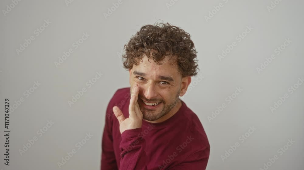 Young hispanic man standing and whispering a secret by telling with hand over mouth in a t-shirt against an isolated white background, engaged in a talk or conversation Young hispanic man standing and whispering a secret by telling with hand over mouth in a t-shirt against an isolated white background, engaged in a talk or conversation