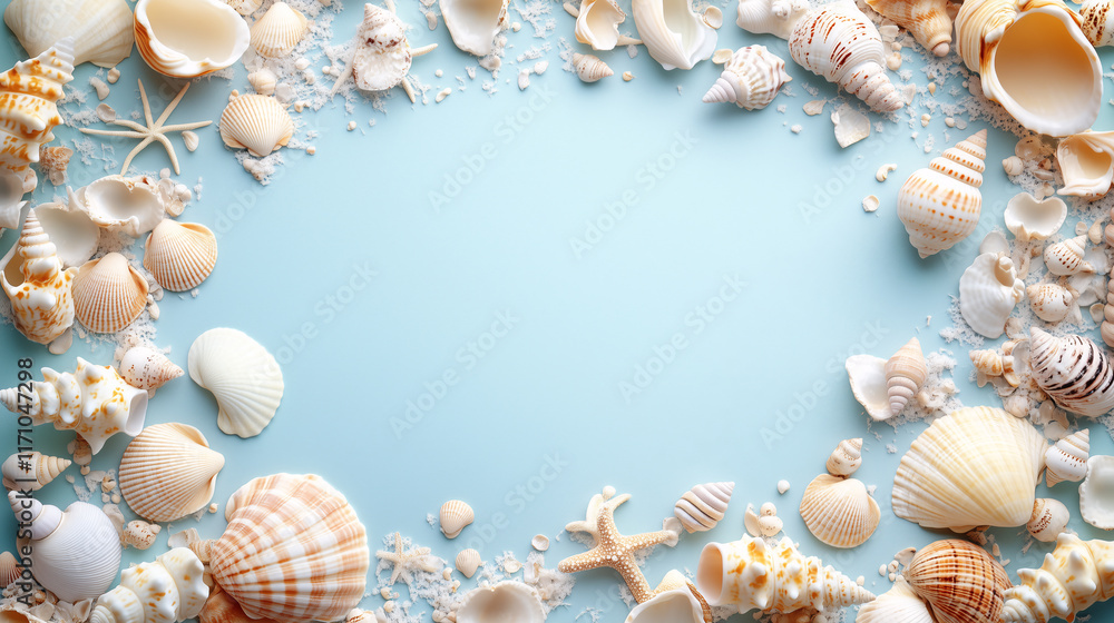 Obraz premium A whimsical frame of pastel shells in pink, coral and cream colors frames a clean pale blue ocean background, creating an artistic and balanced design