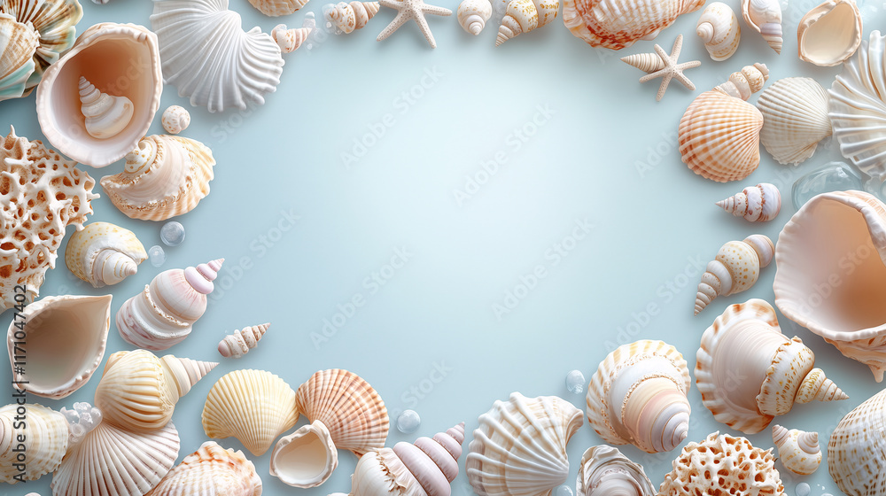A whimsical frame of pastel shells in pink, coral and cream colors frames a clean pale blue ocean background, creating an artistic and balanced design A whimsical frame of pastel shells in pink, coral and cream colors frames a clean pale blue ocean background, creating an artistic and balanced design