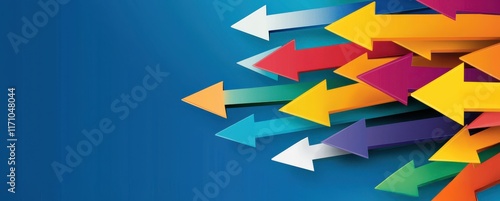 Reach to marketing content. A vibrant array of colorful arrows points in various directions against a solid blue background, symbolizing movement and choice.