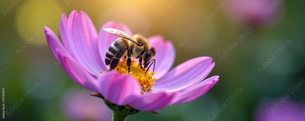 Bee sipping nectar from delicate purple flower petal, flowers, nectar Bee sipping nectar from delicate purple flower petal, flowers, nectar