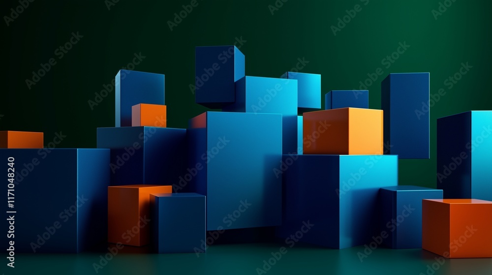Obraz premium Vibrant blue and orange geometric shapes in a 3D render, set against a dark green background. The composition includes a prominent, centered negative space for dramatic effect.