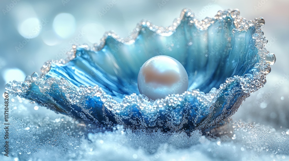 A single, iridescent pearl rests inside a frosted, blue seashell on a bed of snow. A single, iridescent pearl rests inside a frosted, blue seashell on a bed of snow.