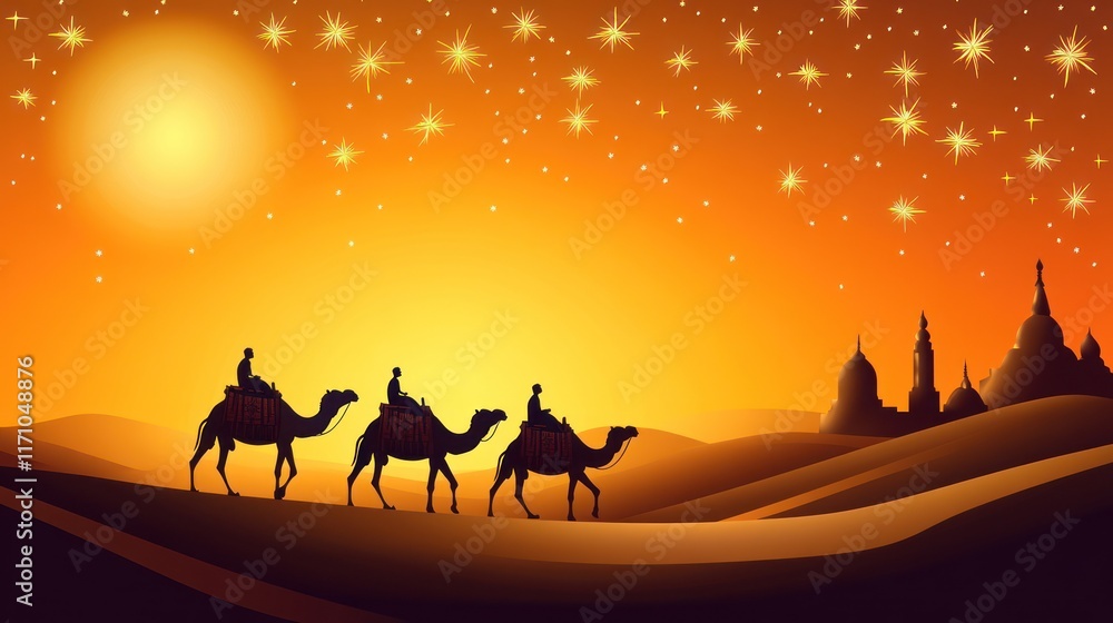A serene desert landscape at sunset with camels and a distant city silhouette. A serene desert landscape at sunset with camels and a distant city silhouette.