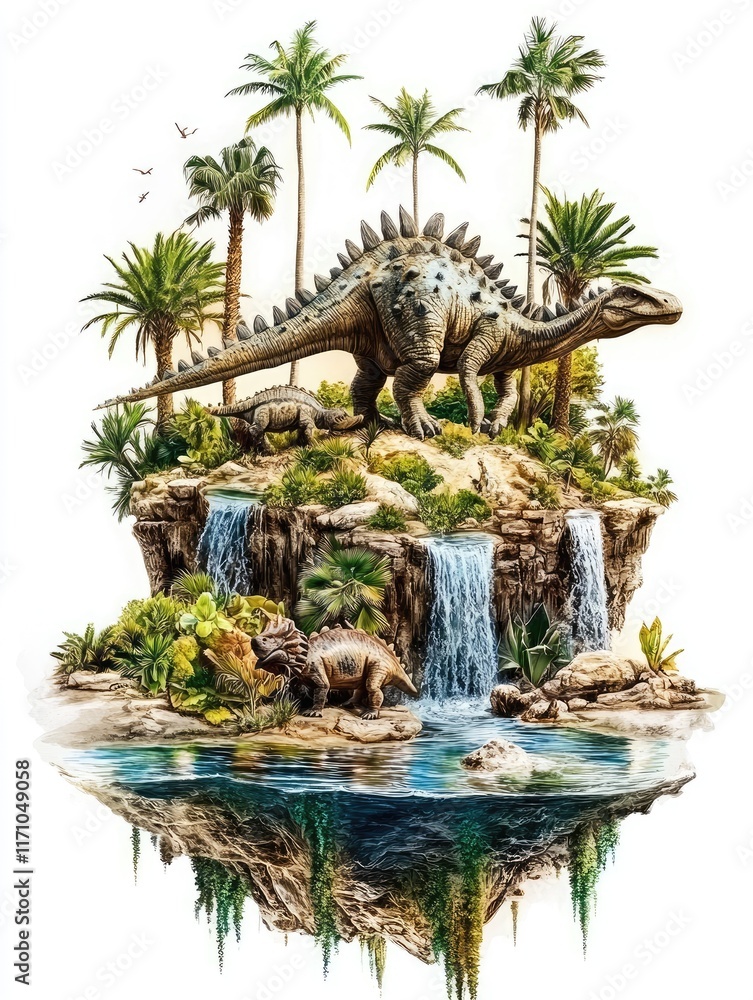 Obraz premium A vibrant illustration of a dinosaur in a lush, tropical landscape with waterfalls and vegetation.