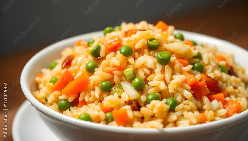 Close-up of a bowl of flavorful mixed vegetable fried rice. Close-up of a bowl of flavorful mixed vegetable fried rice.