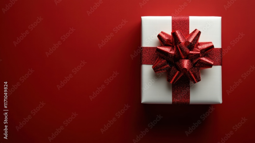 White Gift Box with Red Glitter Bow on Red Background White Gift Box with Red Glitter Bow on Red Background