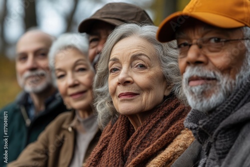 Diverse Group of Happy Senior Friends in Autumn Park