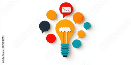 Reach to marketing content. A colorful light bulb surrounded by chat and email icons symbolizes ideas, communication, and creativity.