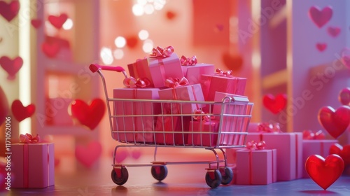 a cart full of gifts, wrapped gift boxes, surprise gift, concept of preparing gifts for celebrations, congratulations on Valentine's Day, happy birthday, mother's day