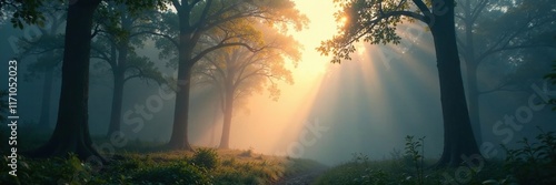 Dense fog wraps forest canopy, sunlight breaks through gaps, sunlight, branches photo