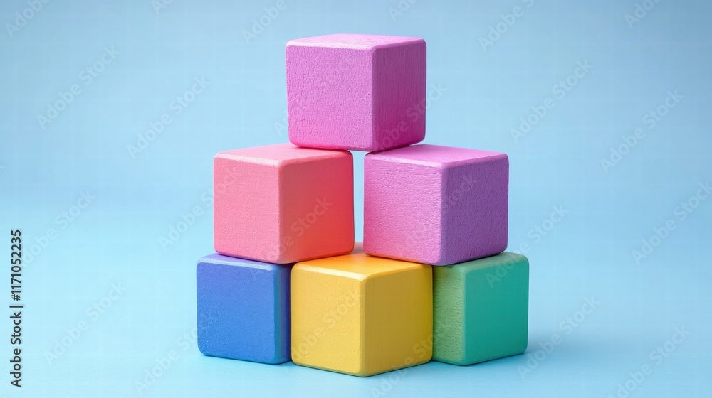Colorful Wooden Blocks Pyramid on Blue Background
