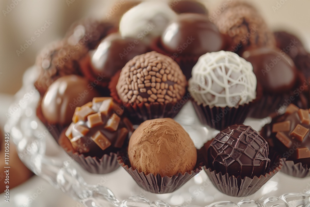 A delectable assortment of gourmet chocolate truffles on an elegant glass platter, perfect for any celebration. A delectable assortment of gourmet chocolate truffles on an elegant glass platter, perfect for any celebration.