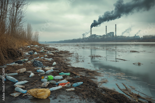 A realistic and powerful scene depicting severe pollution in a river. The water is murky and filled with floating trash, including plastic bottles, bags, and other debris. The riverbanks are littered  photo