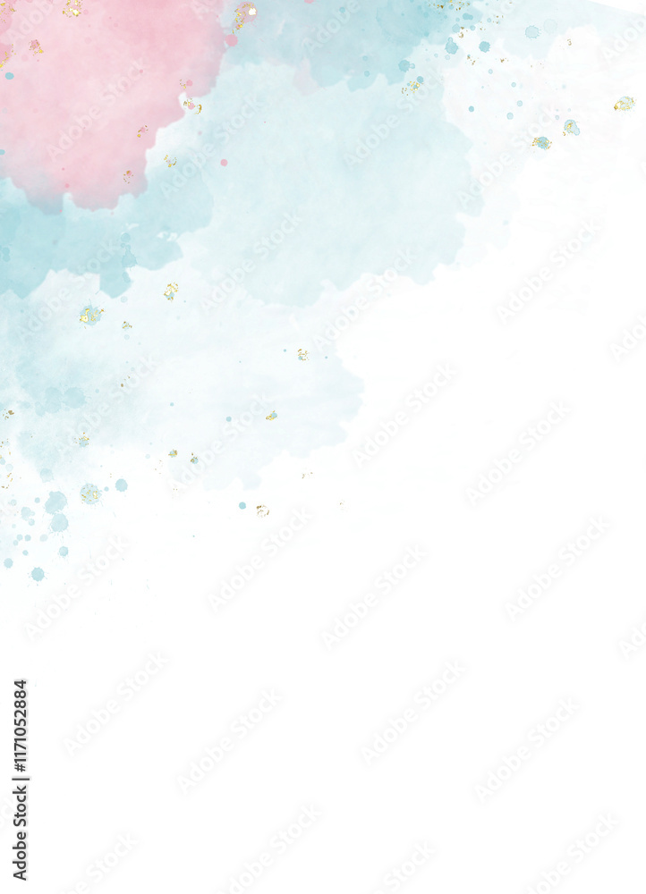 Abstract Watercolor Style illustration with Light Blue and pink Paint Stains on a White Background and golden splashes, design template for card ,wedding invitation or birthday Abstract Watercolor Style illustration with Light Blue and pink Paint Stains on a White Background and golden splashes, design template for card ,wedding invitation or birthday