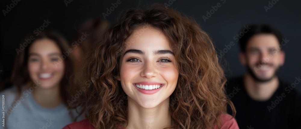 A woman with curly hair is smiling at the camera A woman with curly hair is smiling at the camera