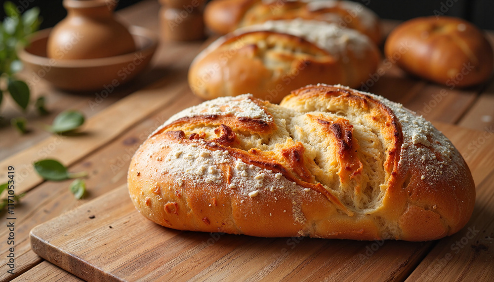 Freshly baked bread on wooden table in bakery setting, comfort concept Freshly baked bread on wooden table in bakery setting, comfort concept