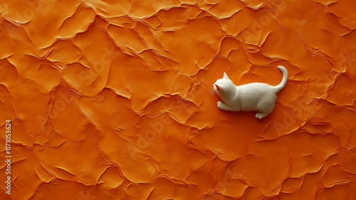 White Cat Figurine on Bright Orange Artistic Textured Background photo