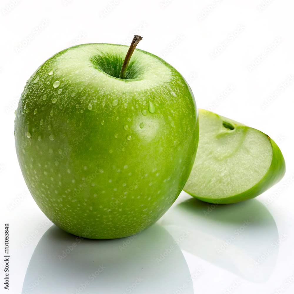 A closeup of fresh green apples isolated on a white background, showcasing their juicy and healthy appearance as a nutritious and sweet snack A closeup of fresh green apples isolated on a white background, showcasing their juicy and healthy appearance as a nutritious and sweet snack