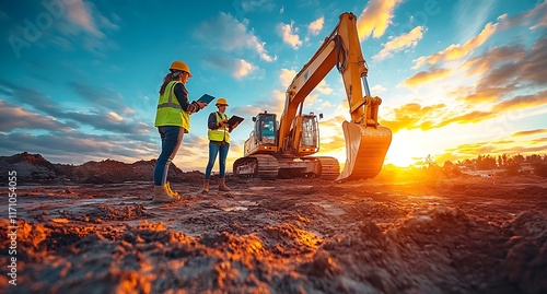 Construction workers using a tablet near an excavator at sunset.