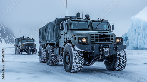 Powerful military trucks navigating icy arctic terrain with majestic snow-covered mountains and vast glaciers in the background photo