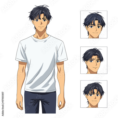 Cartoon character in white T-shirt and dark blue jeans.