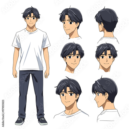 Cartoon character in white T-shirt and dark blue jeans.