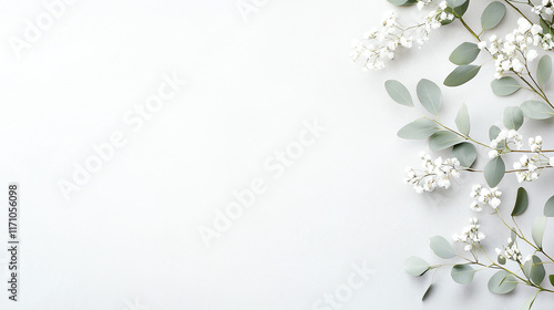 Fresh eucalyptus leaves and white flowers on light background