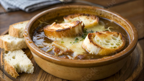 bowl of French onion soup topped with melted cheese and toasted bread. The soup is served in a wooden bowl, and there are pieces of bread on the side.