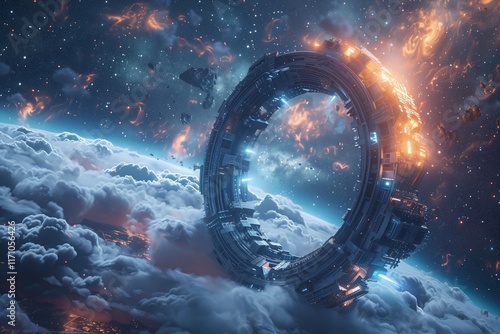 Fototapeta Naklejka Na Ścianę i Meble -  A futuristic space station or portal surrounded by vibrant cosmic clouds and celestial elements in the universe.